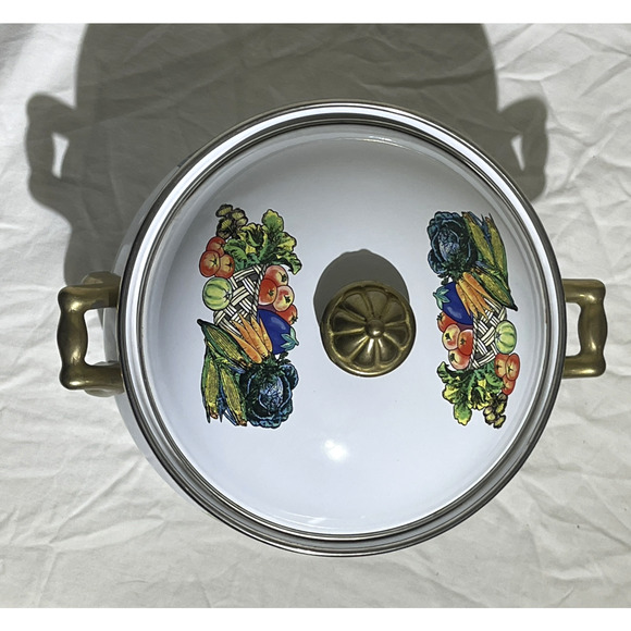 Vintage Garden Harvest Enamel Stockpot with Lid Brass Handles 7 Inch Grannycore - Picture 8 of 9